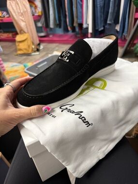 Men’s Black Suede Loafers with Silver Hardware